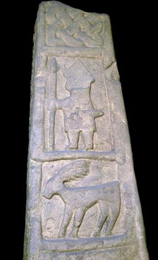 Cross-shaft fragment showing a warrior with sword, spear, 10th century. Artist: Unknown