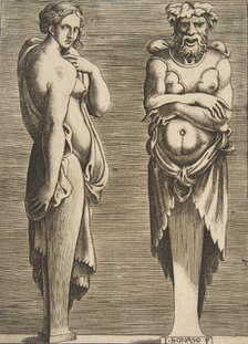 Two Terms, a Nymph at left Silvanus at right, ca. 1530-50. Creator: Giulio Bonasone.