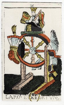 Tarot card of The Wheel of Fortune, Noblet Tarot, 17th century. Creator: Unknown.