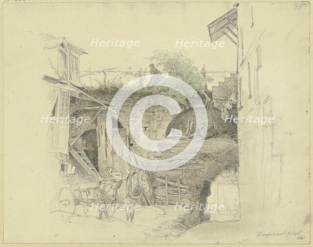 A cart stops at the city wall; above, a girl waters her flowers, 1840. Creator: Jakob Dielmann.