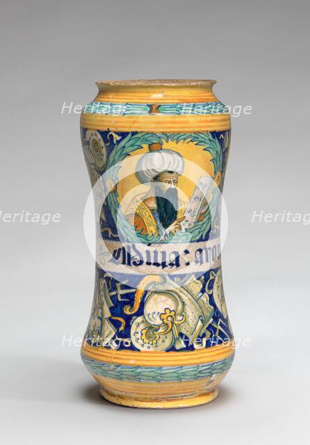 Albarello with black-bearded physician and trophies of arms, c. 1550/1575. Creator: Unknown.