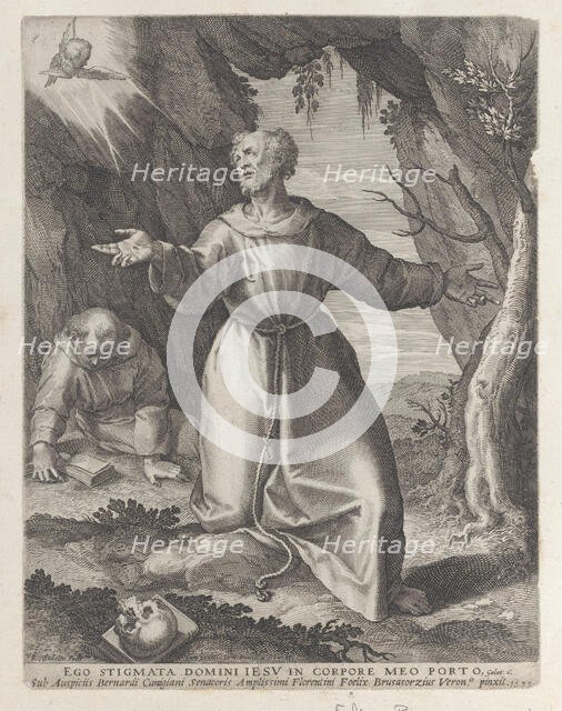 Saint Francis kneeling with his arms outstretched, looking towards a cherub at upper left,..., 1599. Creator: Raphael Sadeler.