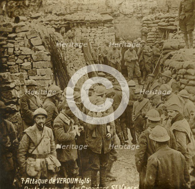 First aid post in quarry, Saint-Vaast, attack of Verdun, northern France, 1916. Artist: Unknown.