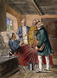 A sick man at home in bed discussing his case with three physicians, c1760s. Creator: Tobias Müller.