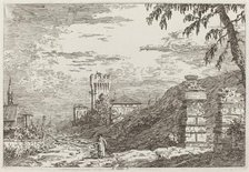 Landscape with Tower and Two Ruined Pillars [left], c. 1735/1746. Creator: Canaletto.