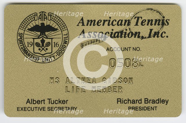 Membership card to the American Tennis Association for Althea Gibson, Aug 1995. Creator: Unknown.