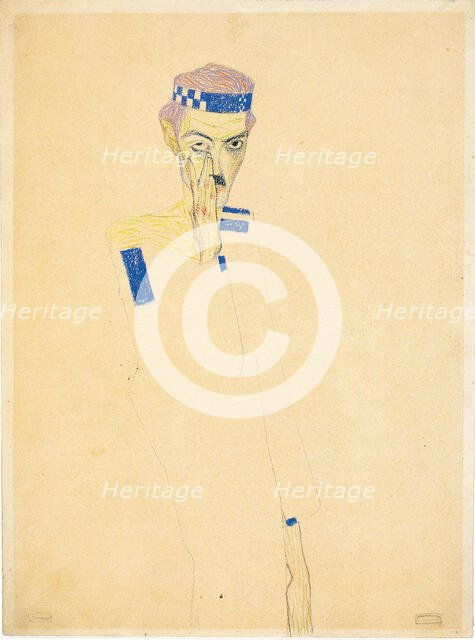 Self-Portrait with blue checked headband, 1909. Creator: Schiele, Egon (1890-1918).