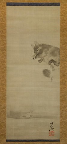 Tanuki (Racoon Dog) Viewing Its Reflection in Water, late 19th century. Creator: Kawanabe Kyosai.