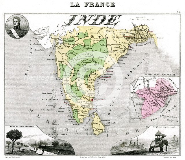 Map of French-occupied India, late 19th century.Artist: Edmond Dyonnet