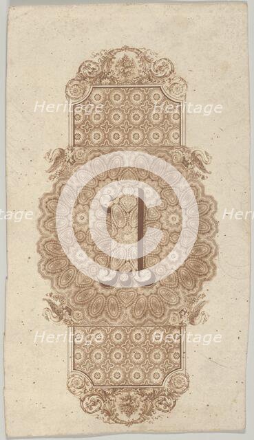 Banknote motif: ornamental number 1 against a panel of lathe work elements, adjoini..., ca. 1824-42. Creator: Durand, Perkins & Co.