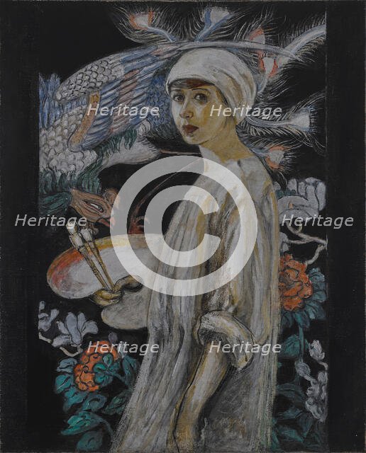 Self-Portrait with Paradise Birds (Self-Portrait in Front of Chinese Screen). Creator: Stettheimer, Florine (1871-1944).