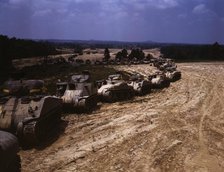 Parade of M-4 (General Sherman) and M-3 (General Grant) tanks in training ..., Ft. Knox, Ky., 1942. Creator: Alfred T Palmer.