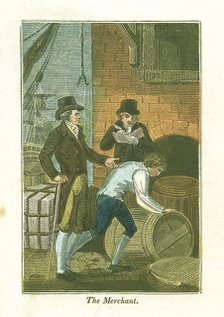 Merchant and his clerk at the dockside checking goods at a warehouse, 1823. Artist: Unknown