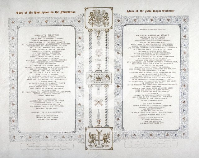 Copy of the inscription on the foundation stone of the new Royal Exchange, London, 1842. Artist: Anon