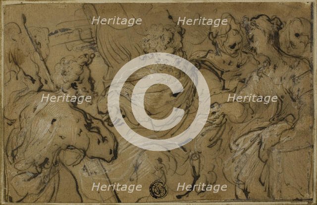 Esther before Ahasuerus or Solomon and Sheba with Cross from Wood of Adam's Tomb, 1590/1600. Creator: Unknown.