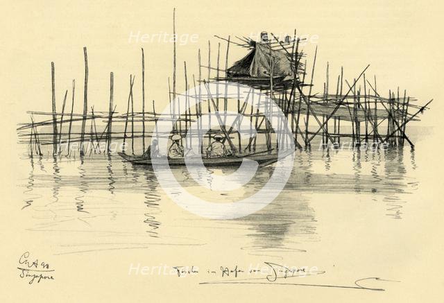 House on stilts and fishermen in Singapore Harbour, 1898.  Creator: Christian Wilhelm Allers.