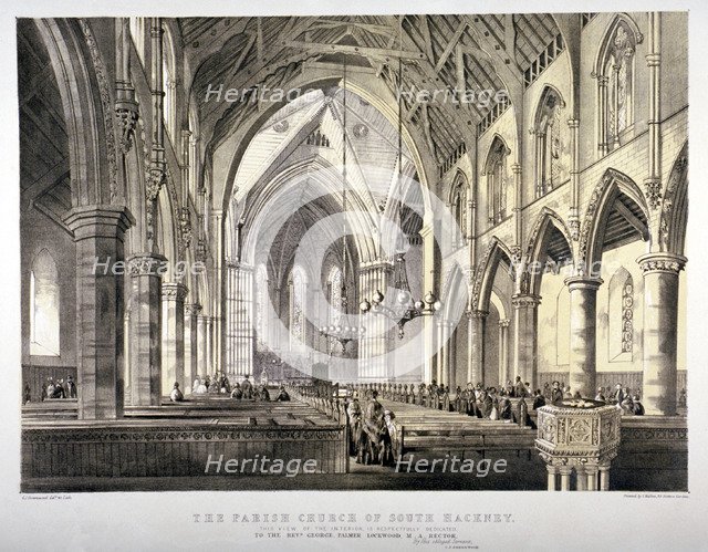 Interior view of the Church of St John of Jerusalem, Hackney, London, c1850. Artist: CJ Greenwood