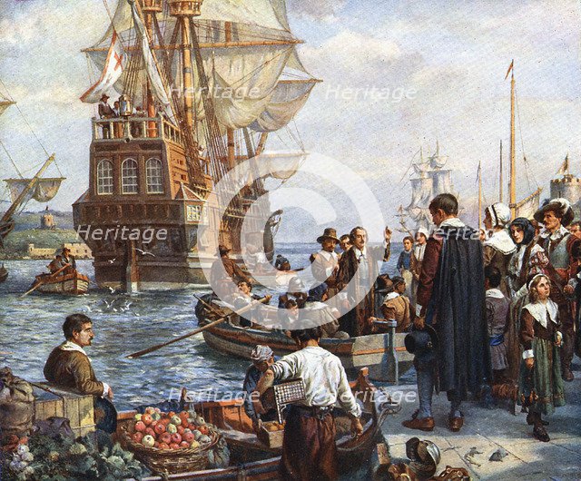 Pilgrim Fathers boarding the Mayflower. Artist: Unknown