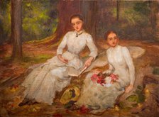 Two women in white seated in wooded glade, 1900. Creator: Louisa Starr.