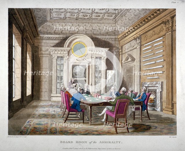 Boardroom of the Admiralty with a meeting in progress, Whitehall, Westminster, London, 1808. Artist: Augustus Charles Pugin