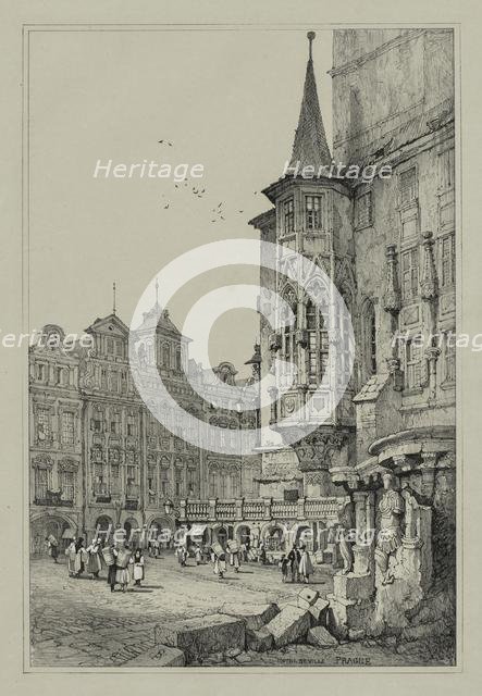 Facisimilies of Sketches made in Flanders and Germany: Hotel de Ville, Prague, 1833. Creator: Samuel Prout (British, 1783-1852).