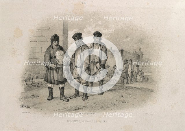 Builders drinking Sbiten (From: The Construction of the Saint Isaac's Cathedral), 1845. Artist: Montferrand, Auguste, de (1786-1858)