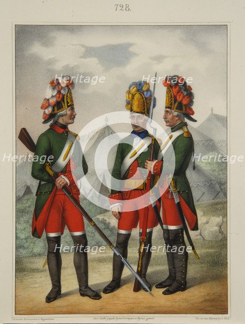 Grenadiers of the Preobrazhensky, Semenovsky and Izmailovsky Regiment in 1763-1775, Early 1840s. Artist: Razumikhin, Pyotr Ivanovich (1812-1848)