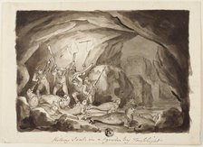 Killing Seals in a Cavern by Torchlight (recto); Sketch of Hunters and Board (verso), n.d. Creator: Samuel Howitt.