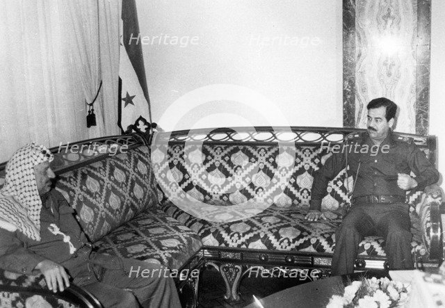 Yasser Arafat and Saddam Hussein, Iraq, 1987. Artist: Unknown