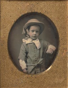 Child Wearing Straw Hat, Arm Resting on Table, 1840s-50s. Creator: Unknown.