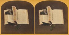 Book opened at two spots, one with book mark string, the other with flowers, about 1870-1880. Creator: Unknown.