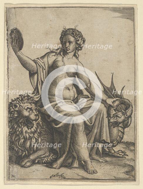 Prudence as a young woman, sitting on a lion and holding the neck of a dragon with ..., ca. 1510-27. Creator: Marcantonio Raimondi.