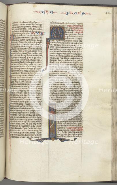 Fol. 404r, Mark, historiated initial I, Mark standing with a scroll, c. 1275-1300. Creator: Unknown.