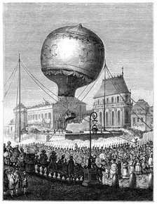 Launch of a hot air balloon, late 18th century, (1885). Artist: Unknown