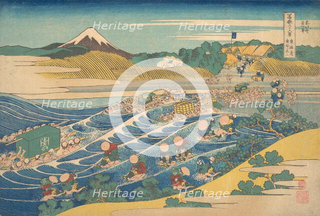 Fuji Seen from Kanaya on the Tokaido (Tokaido Kanaya no Fuji), from the series Thir..., ca. 1830-32. Creator: Hokusai.