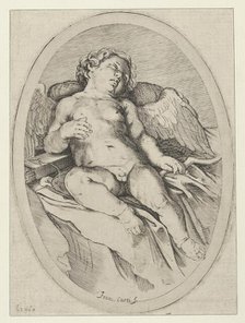 Cupid asleep, resting his right arm on his quiver and his left arm on his bow, an oval ..., 1640-60. Creator: Francesco Curti.