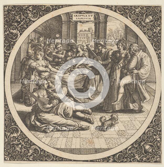 Scene with Galants at a Banquet in a Circle at Center, 1580-1600. Creator: Theodor de Bry.