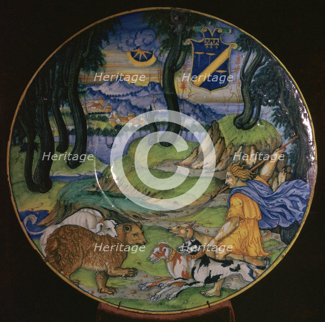 Italian earthenware dish, possibly showing the nymph Callisto, 16th century. Artist: Nicola da Urbino