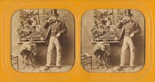 Well-dressed man in top hat twirling his moustache, two women gazing at him through..., 1855-1860. Creator: Unknown.