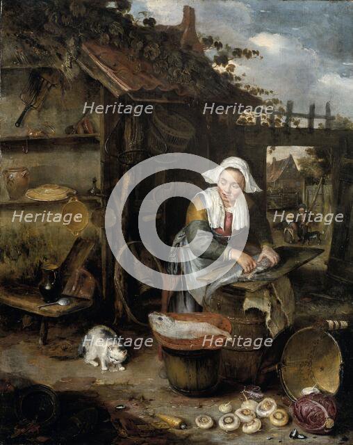 A Housewife in an inner Courtyard Cleaning Fish, 1639-1649. Creator: Hendrik Potuyl.