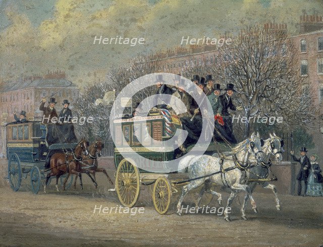 'A Street Scene with Two Omnibuses', 1845.  Artist: James Pollard