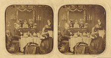 Elder man and woman at table eating, servant in background, 1855-1860. Creator: Unknown.