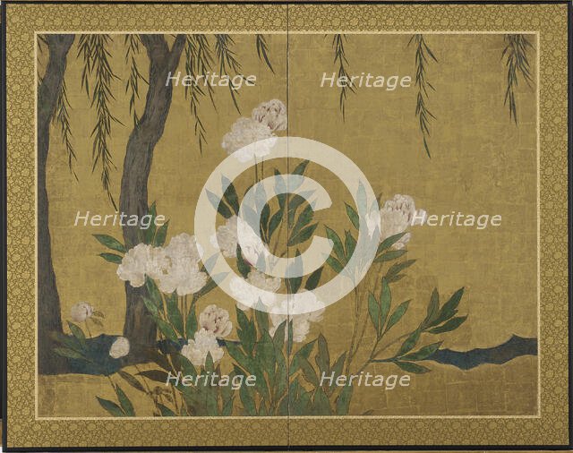 Peonies and willows, Momoyama or Edo period, Early 17th century. Creator: Hasegawa Tonin.