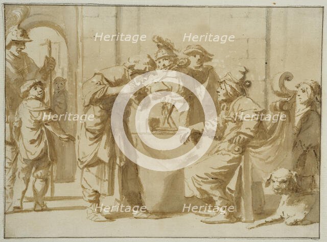 Old man receiving a helper (scene from the old testament?). Creator: Unknown.