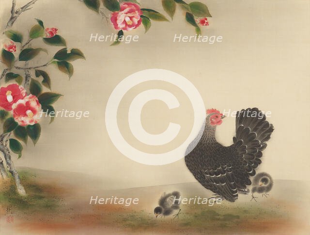 Camellias and chicks. Creator: Omoda, Seiju (1891-1933).