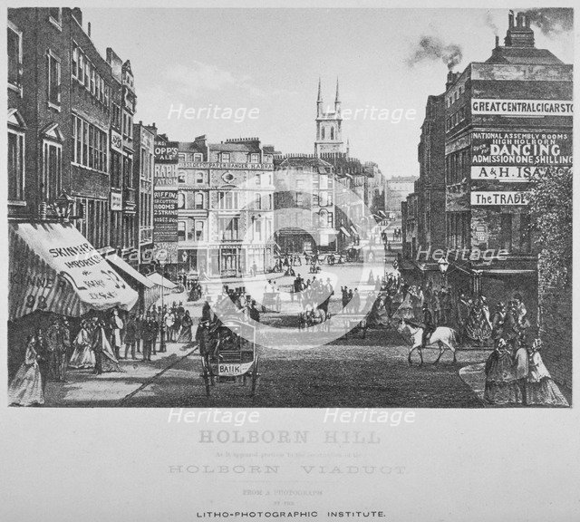 Holborn Hill and Skinner Street before Holborn Viaduct was built, City of London, 1864. Artist: Litho-Photographic Institute