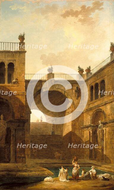 Architectural Scene with Women Washing Clothes at a Pool, 1799. Creator: Hubert Robert.