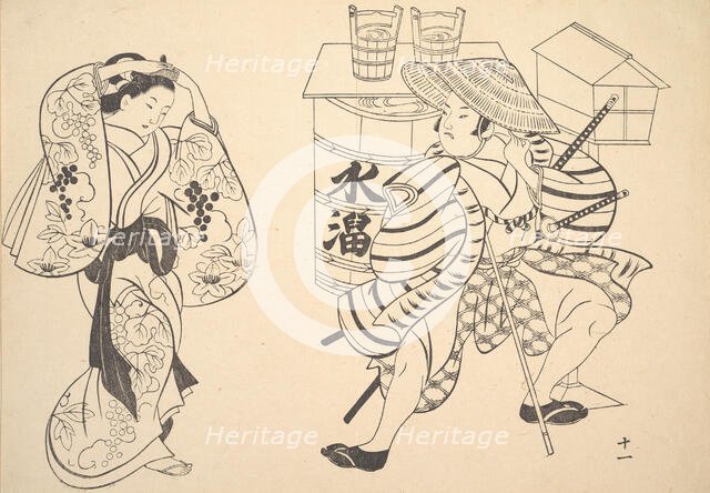 An Oiran Rearranging Her Hair in the Street while a Young Samurai Looks on. Creator: Unknown.