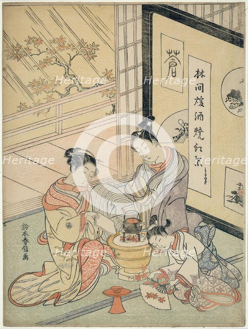 Burning Maple Leaves to Heat Sake, c. 1768. Creator: Suzuki Harunobu.