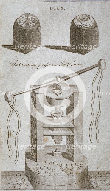 Coining press and dies from the Tower of London, 1800. Artist: Anon